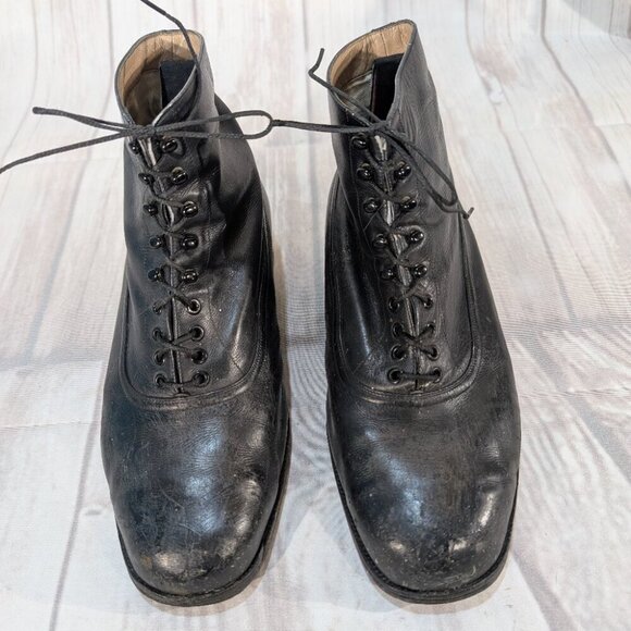 Vintage Black Leather Lace-Up Ankle Boots - Picture 1 of 12